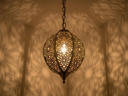 Moroccan Pierced Brass Oval Pendant Light – Floral Filigree Lantern Chandelier with Shadow Pattern