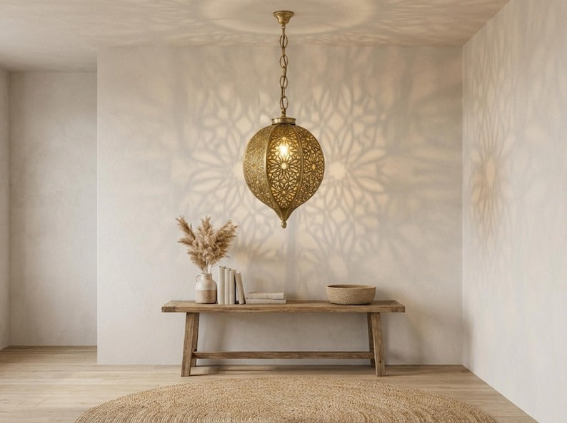Moroccan Pierced Brass Oval Pendant Light – Floral Filigree Lantern Chandelier with Shadow Pattern