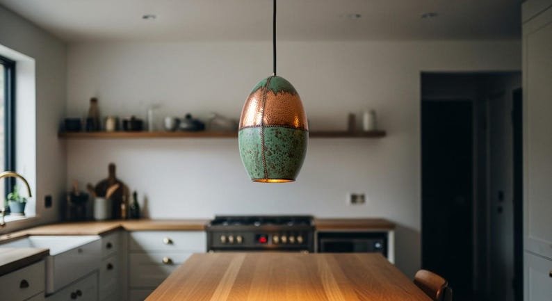 Copper and Green Patina Egg-Shaped Pendant Light, Handmade Moroccan Hammered Copper Hanging Lamp, Verdigris Boho Lantern Chandelier, Rustic Kitchen Island Ceiling Light Fixture