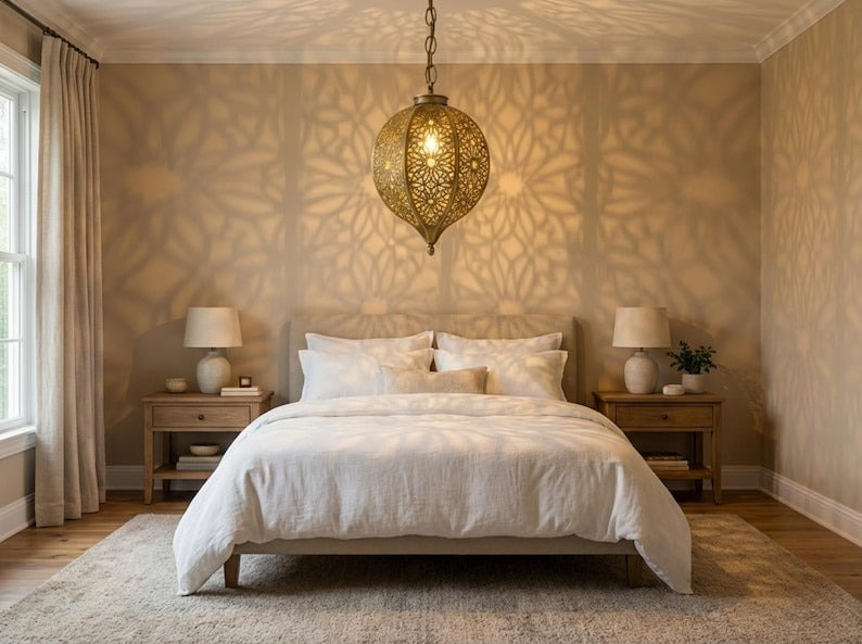 Moroccan Pierced Brass Oval Pendant Light – Floral Filigree Lantern Chandelier with Shadow Pattern