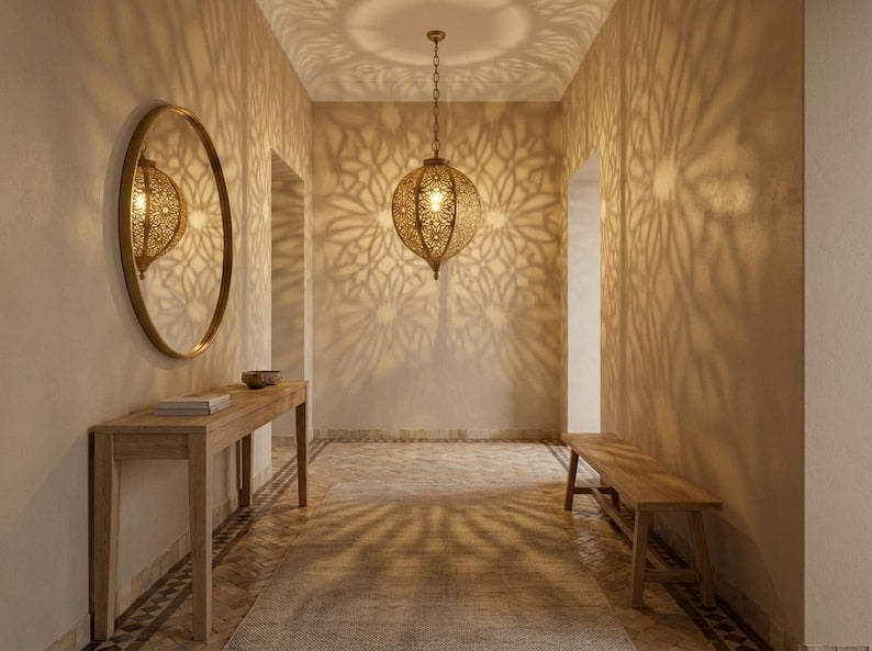 Moroccan Pierced Brass Oval Pendant Light – Floral Filigree Lantern Chandelier with Shadow Pattern
