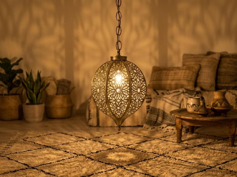 Moroccan Pierced Brass Oval Pendant Light – Floral Filigree Lantern Chandelier with Shadow Pattern