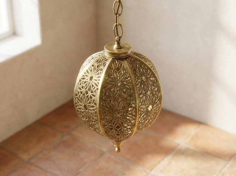 Moroccan Pierced Brass Oval Pendant Light – Floral Filigree Lantern Chandelier with Shadow Pattern