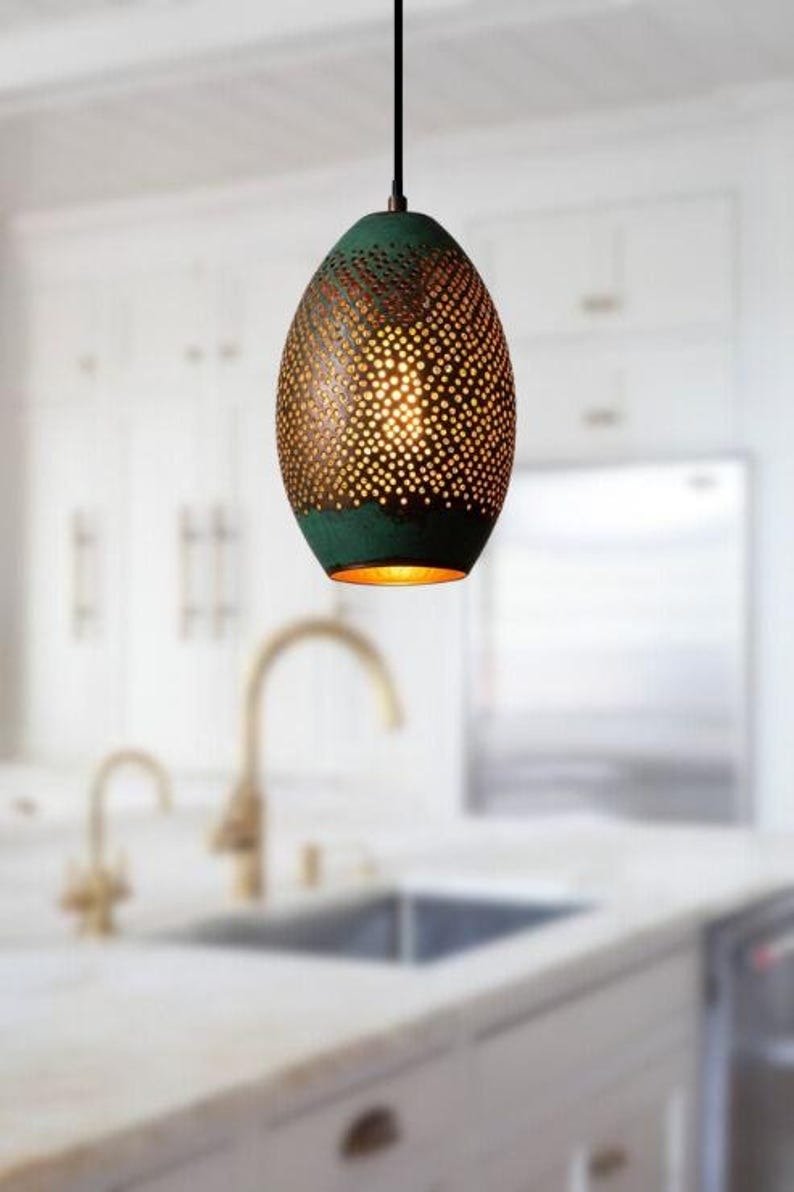 Handmade Perforated Brass Pendant Light – Moroccan Oval Lantern Pendant with Green Patina Finish for Kitchen Island, Dining Room & Boho Home Décor