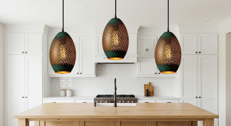Handmade Perforated Brass Pendant Light – Moroccan Oval Lantern Pendant with Green Patina Finish for Kitchen Island, Dining Room & Boho Home Décor