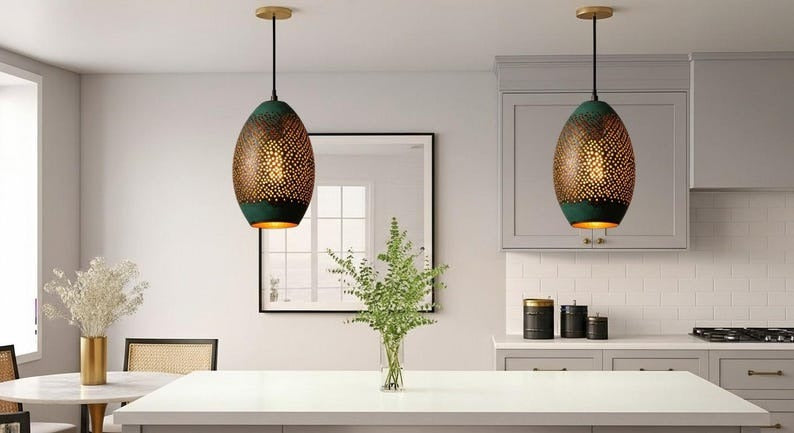 Handmade Perforated Brass Pendant Light – Moroccan Oval Lantern Pendant with Green Patina Finish for Kitchen Island, Dining Room & Boho Home Décor