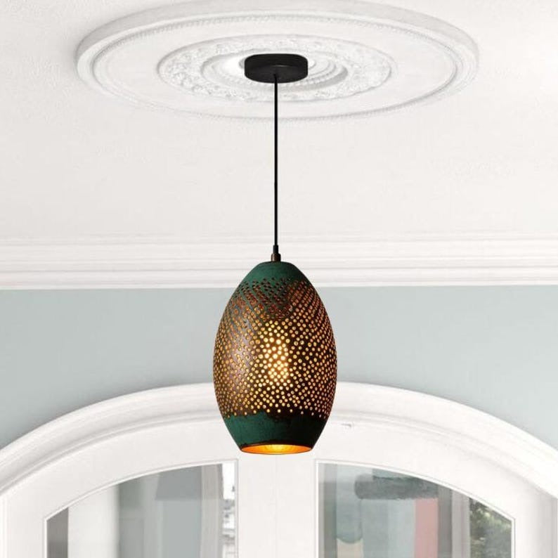 Handmade Perforated Brass Pendant Light – Moroccan Oval Lantern Pendant with Green Patina Finish for Kitchen Island, Dining Room & Boho Home Décor