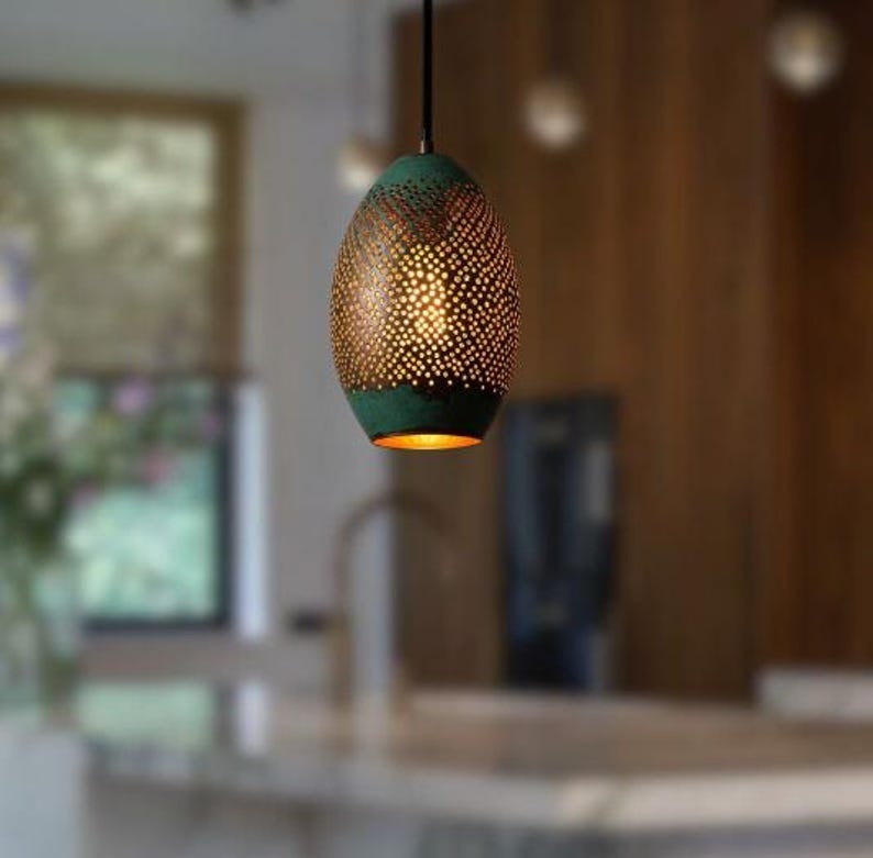 Handmade Perforated Brass Pendant Light – Moroccan Oval Lantern Pendant with Green Patina Finish for Kitchen Island, Dining Room & Boho Home Décor