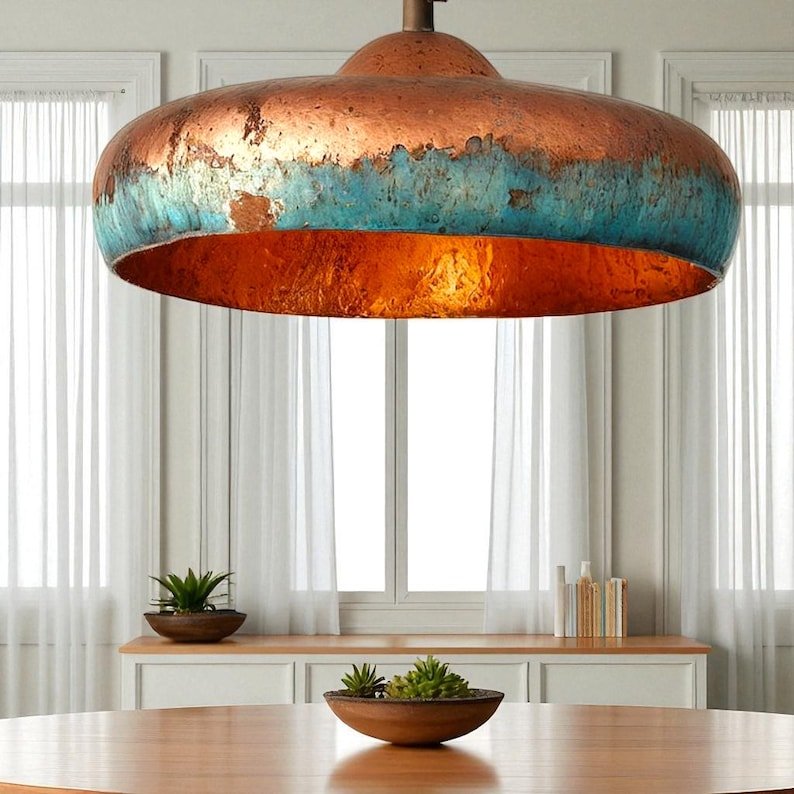 Oversized Two-Tone Copper and Turquoise Patina Saucer Pendant Light, Handmade Moroccan Wide Dome Chandelier, Verdigris Copper Dining Room and Kitchen Island Hanging Lamp, Rustic Boho Farmhouse Ceiling Light Fixture
