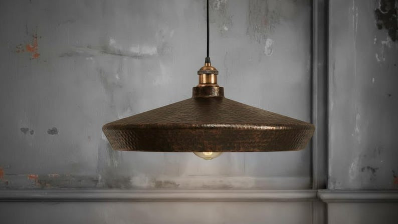 Handmade Moroccan Brass Disc Pendant Light – Oversized Hammered Antique Copper Drum Ceiling Fixture for Kitchen Island and Dining Room
