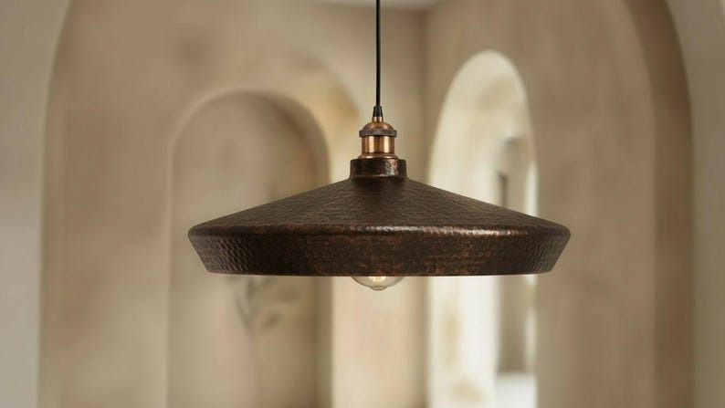 Handmade Moroccan Brass Disc Pendant Light – Oversized Hammered Antique Copper Drum Ceiling Fixture for Kitchen Island and Dining Room