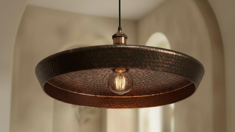 Handmade Moroccan Brass Disc Pendant Light – Oversized Hammered Antique Copper Drum Ceiling Fixture for Kitchen Island and Dining Room