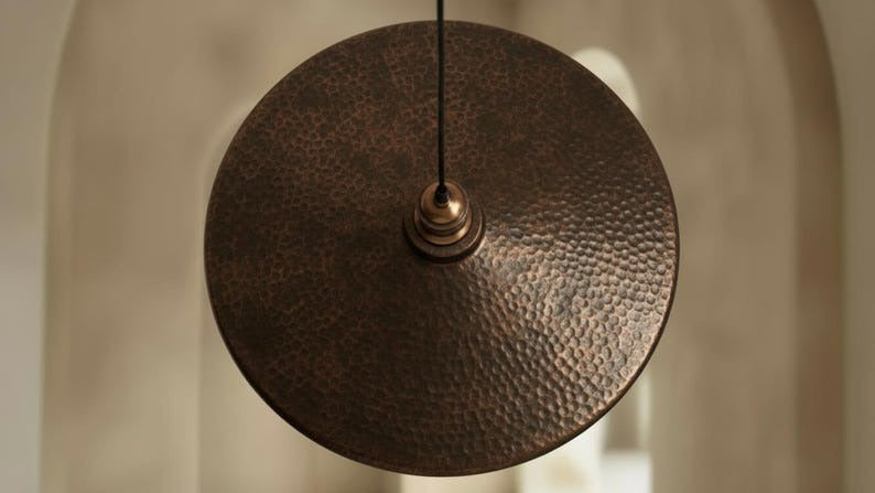 Handmade Moroccan Brass Disc Pendant Light – Oversized Hammered Antique Copper Drum Ceiling Fixture for Kitchen Island and Dining Room