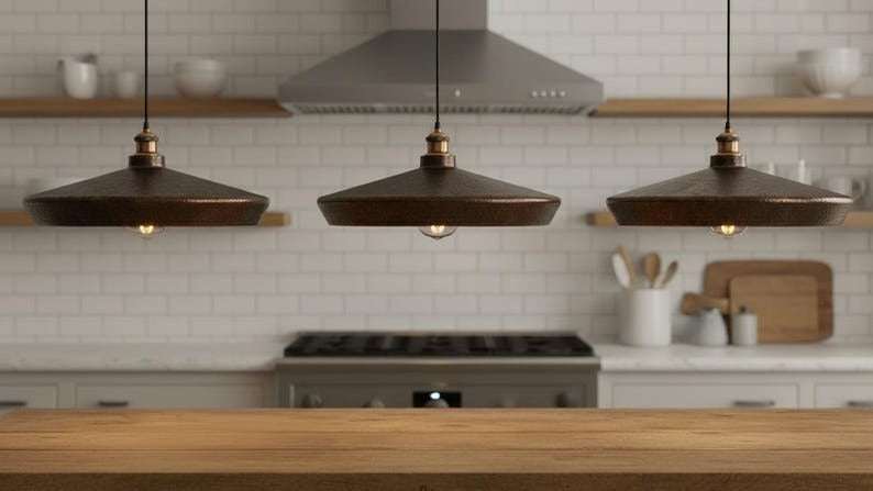 Handmade Moroccan Brass Disc Pendant Light – Oversized Hammered Antique Copper Drum Ceiling Fixture for Kitchen Island and Dining Room