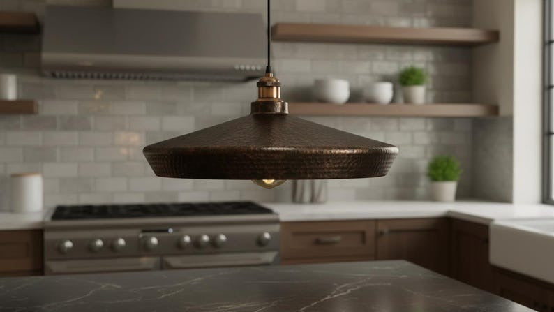 Handmade Moroccan Brass Disc Pendant Light – Oversized Hammered Antique Copper Drum Ceiling Fixture for Kitchen Island and Dining Room