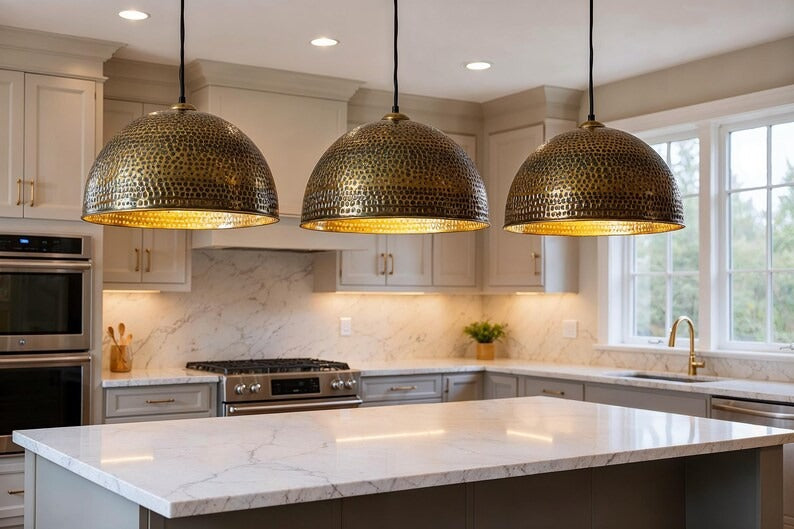 Large Hammered Brass Dome Pendant Light, Handmade Moroccan Gold Brass Kitchen Island Chandelier, Oversized Rustic Farmhouse Hanging Lamp, Boho Dining Room Ceiling Light Fixture