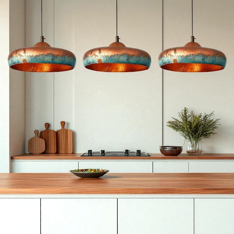 Oversized Two-Tone Copper and Turquoise Patina Saucer Pendant Light, Handmade Moroccan Wide Dome Chandelier, Verdigris Copper Dining Room and Kitchen Island Hanging Lamp, Rustic Boho Farmhouse Ceiling Light Fixture