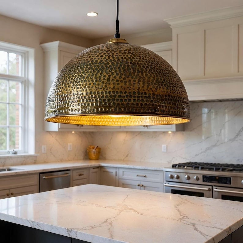 Large Hammered Brass Dome Pendant Light, Handmade Moroccan Gold Brass Kitchen Island Chandelier, Oversized Rustic Farmhouse Hanging Lamp, Boho Dining Room Ceiling Light Fixture