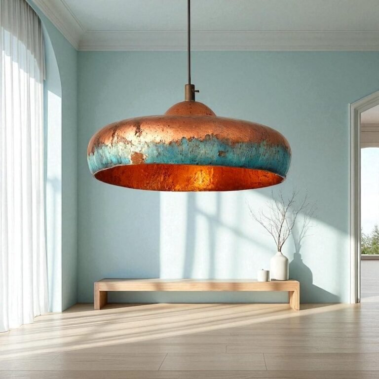 Oversized Two-Tone Copper and Turquoise Patina Saucer Pendant Light, Handmade Moroccan Wide Dome Chandelier, Verdigris Copper Dining Room and Kitchen Island Hanging Lamp, Rustic Boho Farmhouse Ceiling Light Fixture