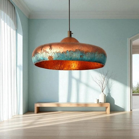 Oversized Two-Tone Copper and Turquoise Patina Saucer Pendant Light, Handmade Moroccan Wide Dome Chandelier, Verdigris Copper Dining Room and Kitchen Island Hanging Lamp, Rustic Boho Farmhouse Ceiling Light Fixture