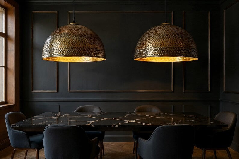 Large Hammered Brass Dome Pendant Light, Handmade Moroccan Gold Brass Kitchen Island Chandelier, Oversized Rustic Farmhouse Hanging Lamp, Boho Dining Room Ceiling Light Fixture