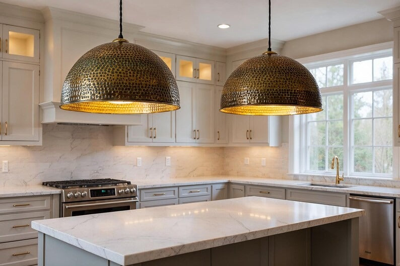 Large Hammered Brass Dome Pendant Light, Handmade Moroccan Gold Brass Kitchen Island Chandelier, Oversized Rustic Farmhouse Hanging Lamp, Boho Dining Room Ceiling Light Fixture