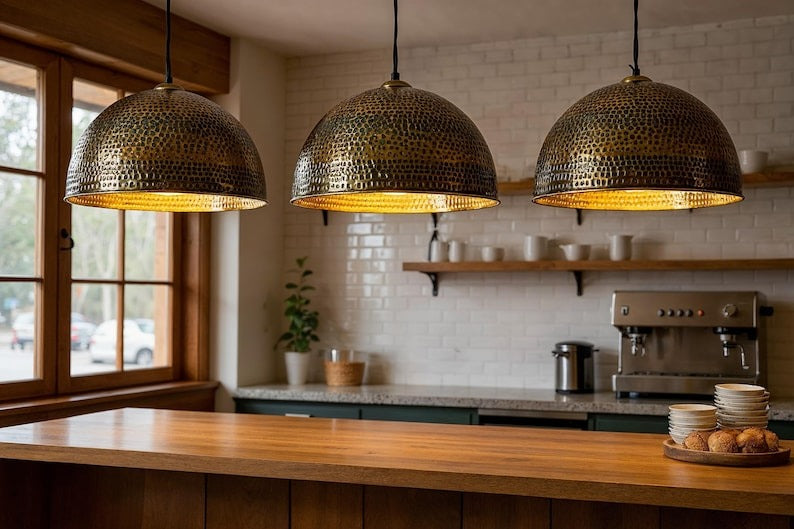 Large Hammered Brass Dome Pendant Light, Handmade Moroccan Gold Brass Kitchen Island Chandelier, Oversized Rustic Farmhouse Hanging Lamp, Boho Dining Room Ceiling Light Fixture