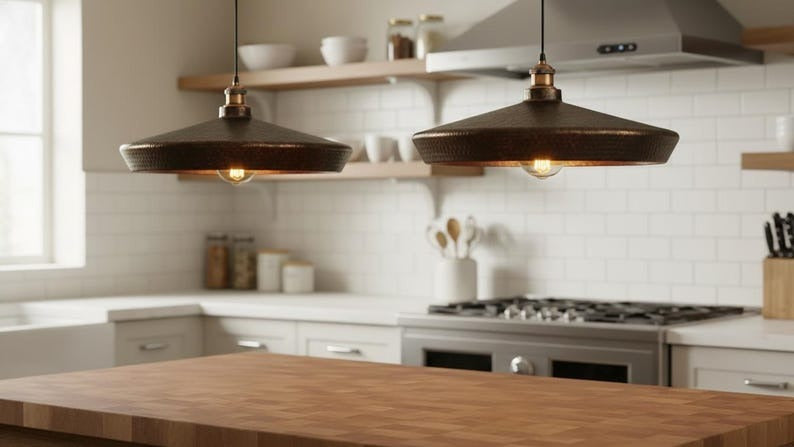 Handmade Moroccan Brass Disc Pendant Light – Oversized Hammered Antique Copper Drum Ceiling Fixture for Kitchen Island and Dining Room