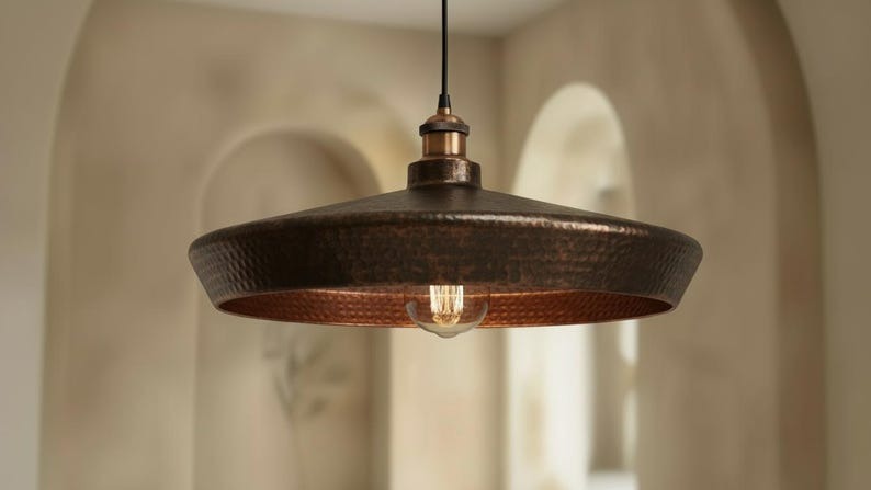 Handmade Moroccan Brass Disc Pendant Light – Oversized Hammered Antique Copper Drum Ceiling Fixture for Kitchen Island and Dining Room