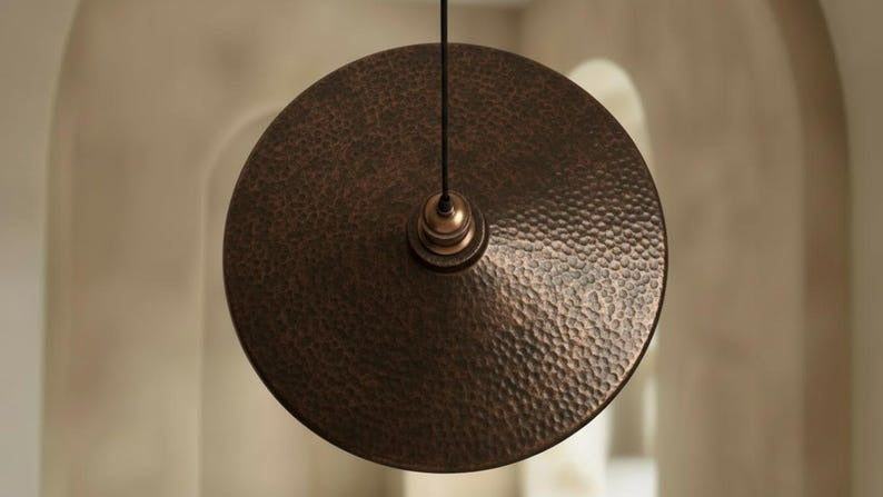Handmade Moroccan Brass Disc Pendant Light – Oversized Hammered Antique Copper Drum Ceiling Fixture for Kitchen Island and Dining Room