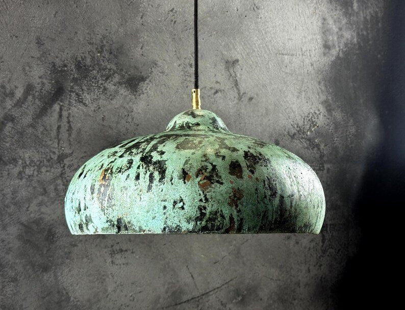 Rustic Green Patina Copper Saucer Pendant Light, Handmade Moroccan Verdigris Dome Chandelier, Vintage Copper Kitchen Island Hanging Lamp, Boho Farmhouse Ceiling Light Fixture