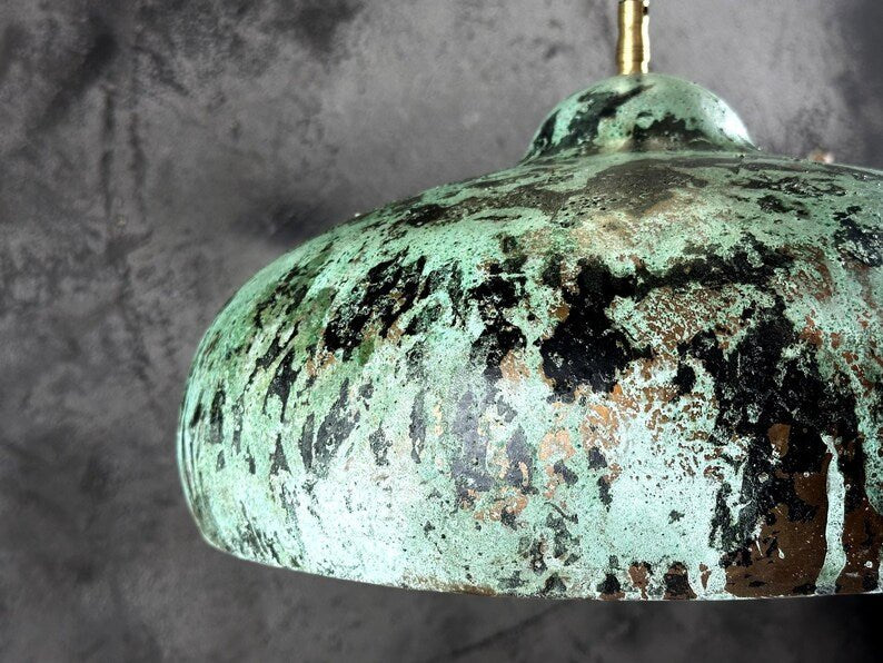 Rustic Green Patina Copper Saucer Pendant Light, Handmade Moroccan Verdigris Dome Chandelier, Vintage Copper Kitchen Island Hanging Lamp, Boho Farmhouse Ceiling Light Fixture