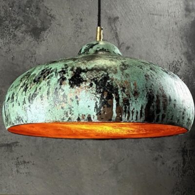 Rustic Green Patina Copper Saucer Pendant Light, Handmade Moroccan Verdigris Dome Chandelier, Vintage Copper Kitchen Island Hanging Lamp, Boho Farmhouse Ceiling Light Fixture