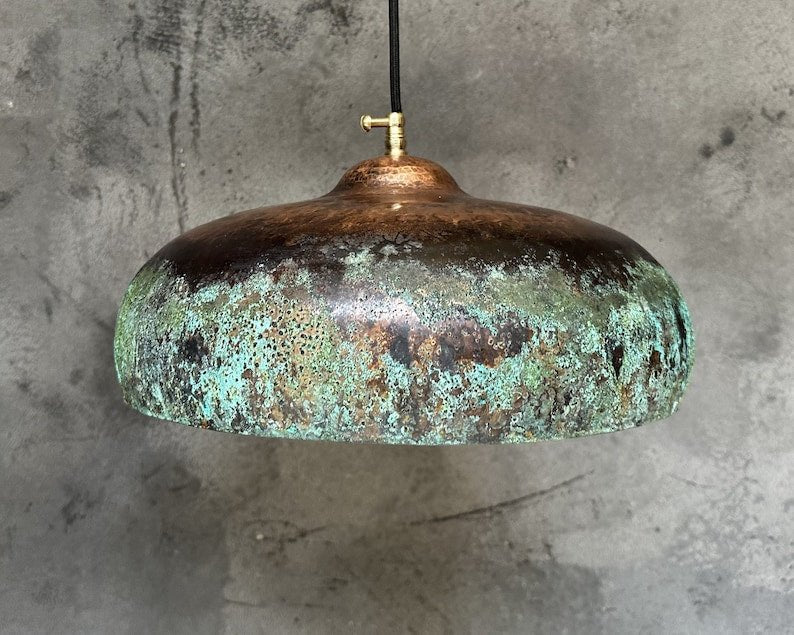 Rustic Green Patina Copper Saucer Pendant Light, Handmade Moroccan Verdigris Copper Dome Chandelier, Aged Copper Kitchen Island Hanging Lamp, Boho Farmhouse Ceiling Light Fixture