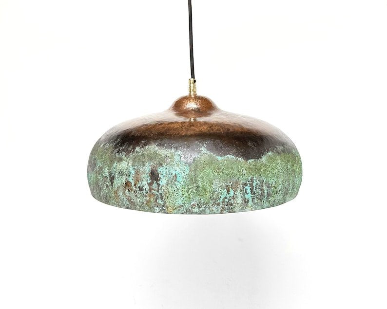 Rustic Green Patina Copper Saucer Pendant Light, Handmade Moroccan Verdigris Copper Dome Chandelier, Aged Copper Kitchen Island Hanging Lamp, Boho Farmhouse Ceiling Light Fixture