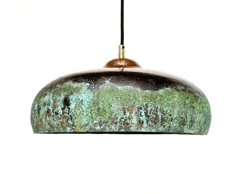 Rustic Green Patina Copper Saucer Pendant Light, Handmade Moroccan Verdigris Copper Dome Chandelier, Aged Copper Kitchen Island Hanging Lamp, Boho Farmhouse Ceiling Light Fixture