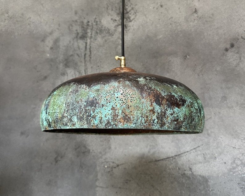 Rustic Green Patina Copper Saucer Pendant Light, Handmade Moroccan Verdigris Copper Dome Chandelier, Aged Copper Kitchen Island Hanging Lamp, Boho Farmhouse Ceiling Light Fixture