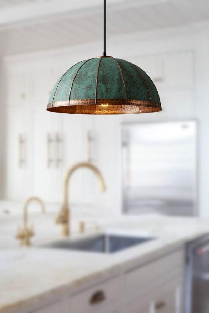 Handmade Green Patina Brass Pendant Light – Moroccan Paneled Dome Hanging Lamp with Copper Brass Band for Kitchen Island, Dining Room & Boho Home Décor