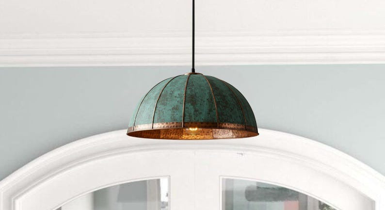 Handmade Green Patina Brass Pendant Light – Moroccan Paneled Dome Hanging Lamp with Copper Brass Band for Kitchen Island, Dining Room & Boho Home Décor