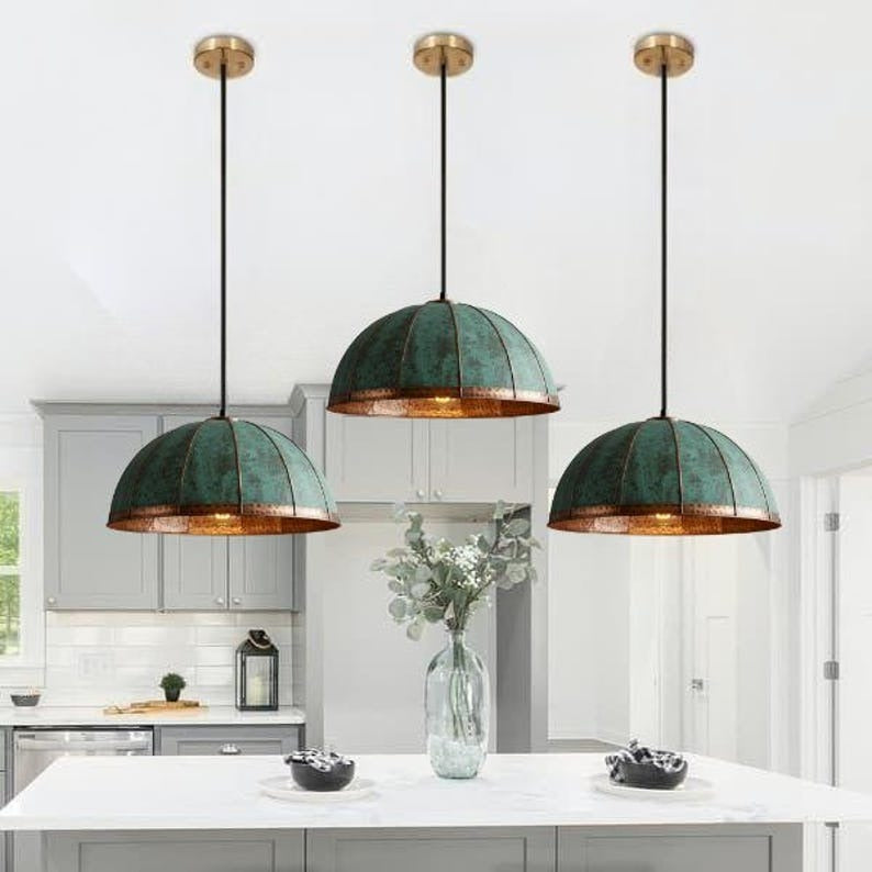 Handmade Green Patina Brass Pendant Light – Moroccan Paneled Dome Hanging Lamp with Copper Brass Band for Kitchen Island, Dining Room & Boho Home Décor