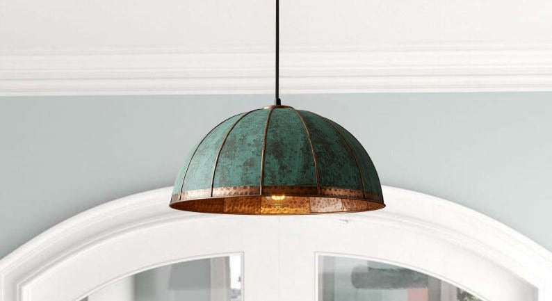 Handmade Green Patina Brass Pendant Light – Moroccan Paneled Dome Hanging Lamp with Copper Brass Band for Kitchen Island, Dining Room & Boho Home Décor