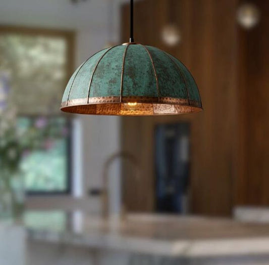 Handmade Green Patina Brass Pendant Light – Moroccan Paneled Dome Hanging Lamp with Copper Brass Band for Kitchen Island, Dining Room & Boho Home Décor