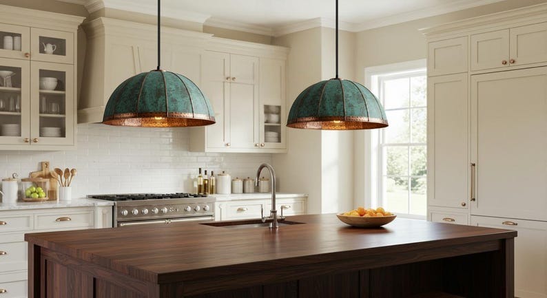 Handmade Green Patina Brass Pendant Light – Moroccan Paneled Dome Hanging Lamp with Copper Brass Band for Kitchen Island, Dining Room & Boho Home Décor