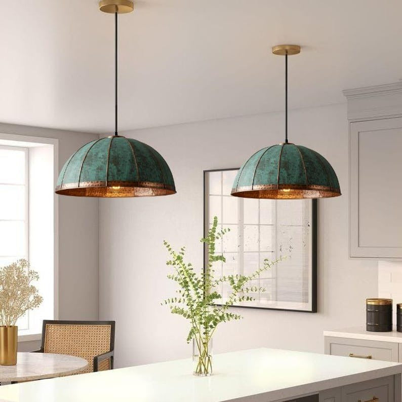 Handmade Green Patina Brass Pendant Light – Moroccan Paneled Dome Hanging Lamp with Copper Brass Band for Kitchen Island, Dining Room & Boho Home Décor