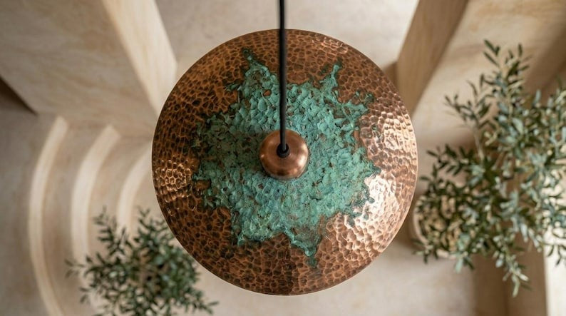 Handmade Brass Moroccan Pendant Light – Copper Hammered Brass Dome Hanging Lamp with Verdigris Green Patina Accent, Rustic Kitchen Island Ceiling Fixture