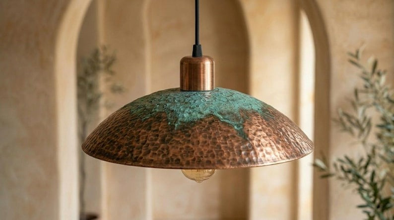 Handmade Brass Moroccan Pendant Light – Copper Hammered Brass Dome Hanging Lamp with Verdigris Green Patina Accent, Rustic Kitchen Island Ceiling Fixture