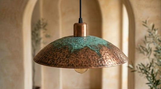 Handmade Brass Moroccan Pendant Light – Copper Hammered Brass Dome Hanging Lamp with Verdigris Green Patina Accent, Rustic Kitchen Island Ceiling Fixture