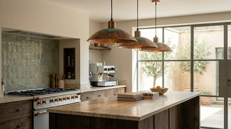 Handmade Brass Moroccan Pendant Light – Copper Hammered Brass Dome Hanging Lamp with Verdigris Green Patina Accent, Rustic Kitchen Island Ceiling Fixture