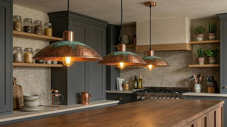 Handmade Brass Moroccan Pendant Light – Copper Hammered Brass Dome Hanging Lamp with Verdigris Green Patina Accent, Rustic Kitchen Island Ceiling Fixture