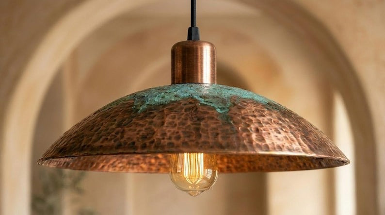 Handmade Brass Moroccan Pendant Light – Copper Hammered Brass Dome Hanging Lamp with Verdigris Green Patina Accent, Rustic Kitchen Island Ceiling Fixture